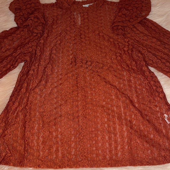 New Trendy Brick Color Sheer Crochet Mock Neck Long Sleeve Blouse - Picture 10 of 17